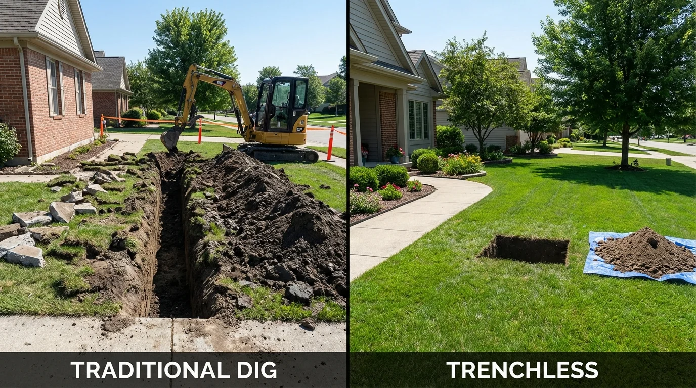 Trenchless sewer repair with minimal yard damage versus traditional excavation in Hillside, IL